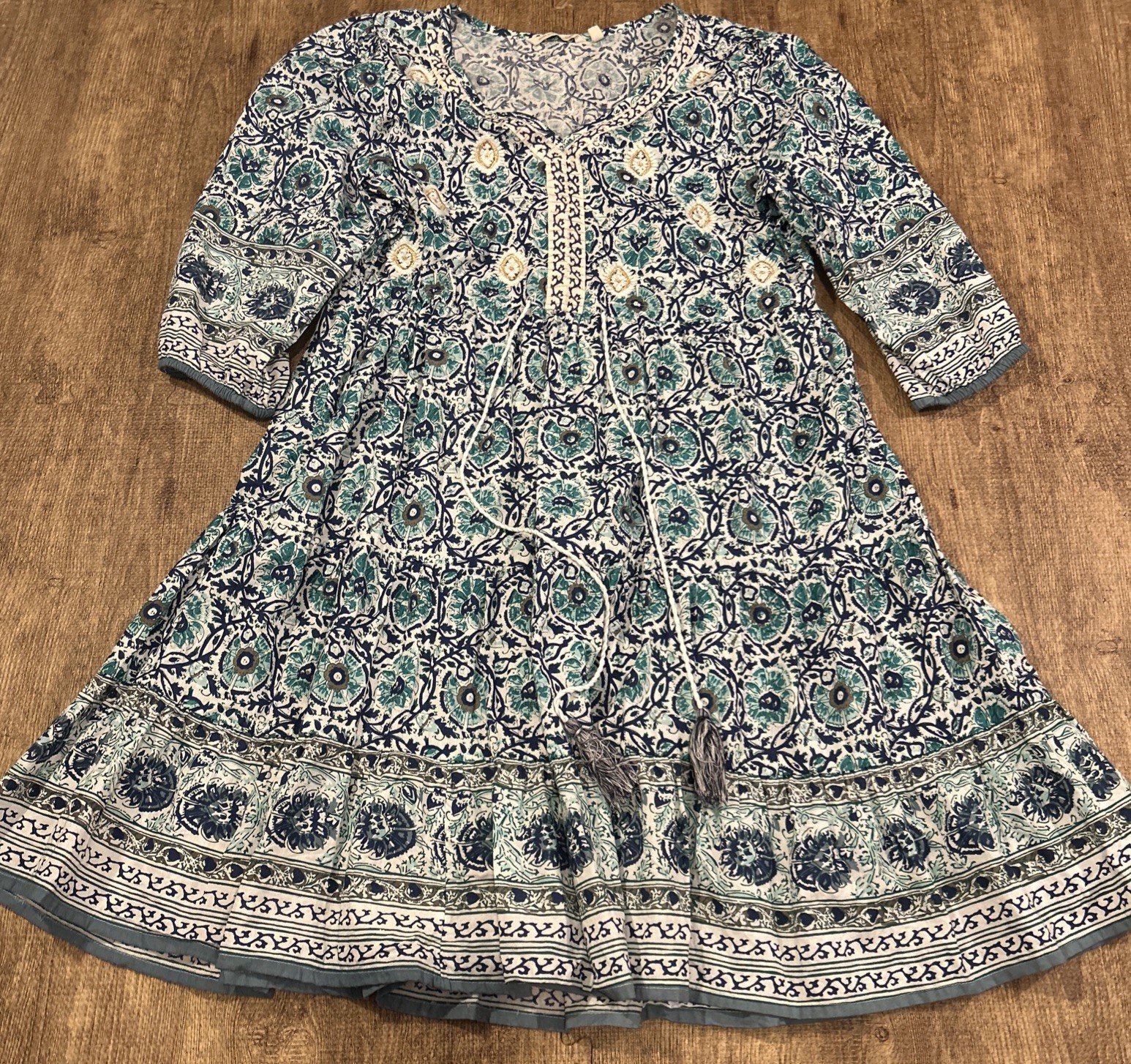 Soft Surroundings Teal Floral Nerissa Dress Size M Medium Tassel Fit & Flare EUC
