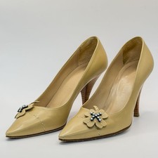 CHANEL Clover Motif Pointed Toe Pumps Leather Wood Beige Women Size EU36.5/US6