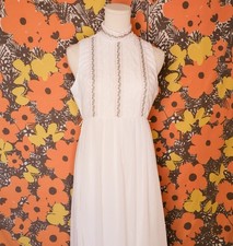 Vintage 70s White Lace Pink Floral Embroidery Prairie Maxi Dress S