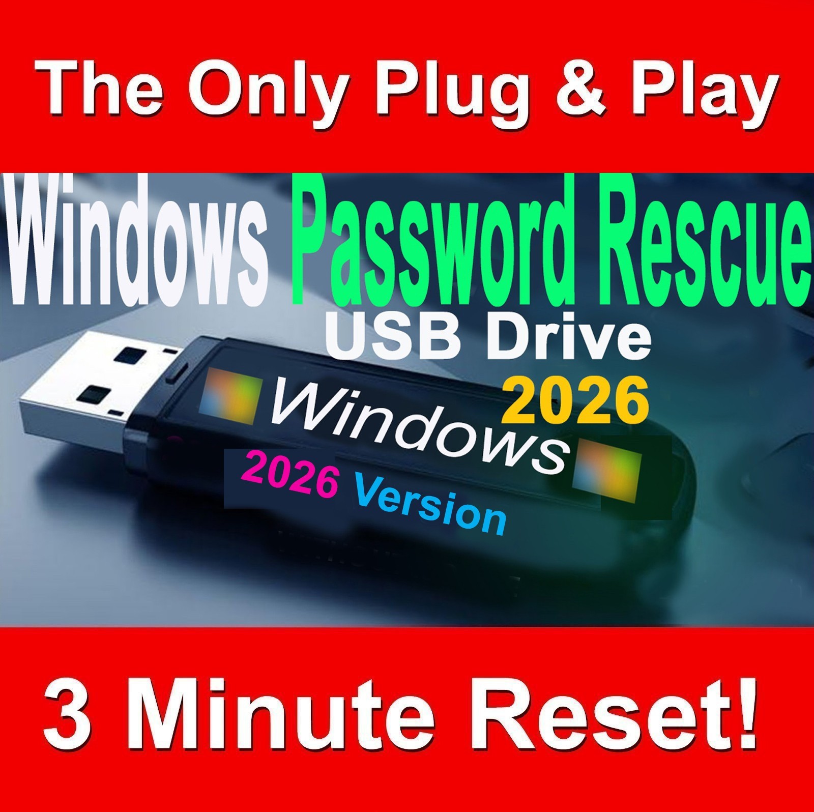 2026 Windows Password 3 min Reset USB. Win 11, 10, 8.1, 8, 7, XP, Vista, Server