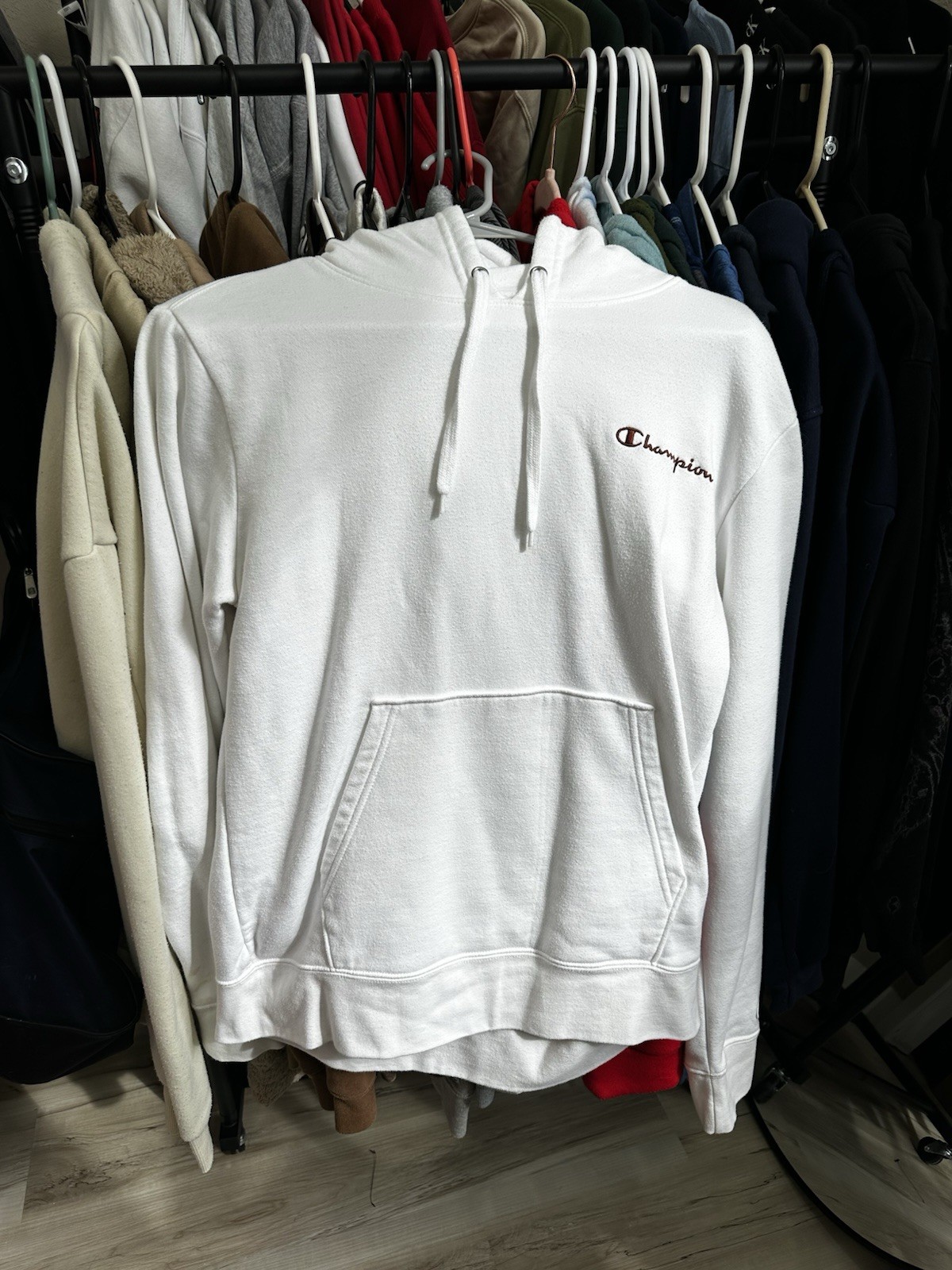 Champion White Pullover Fleece Hoodie Men’s Logo Drawstring Pouch Pocket Small