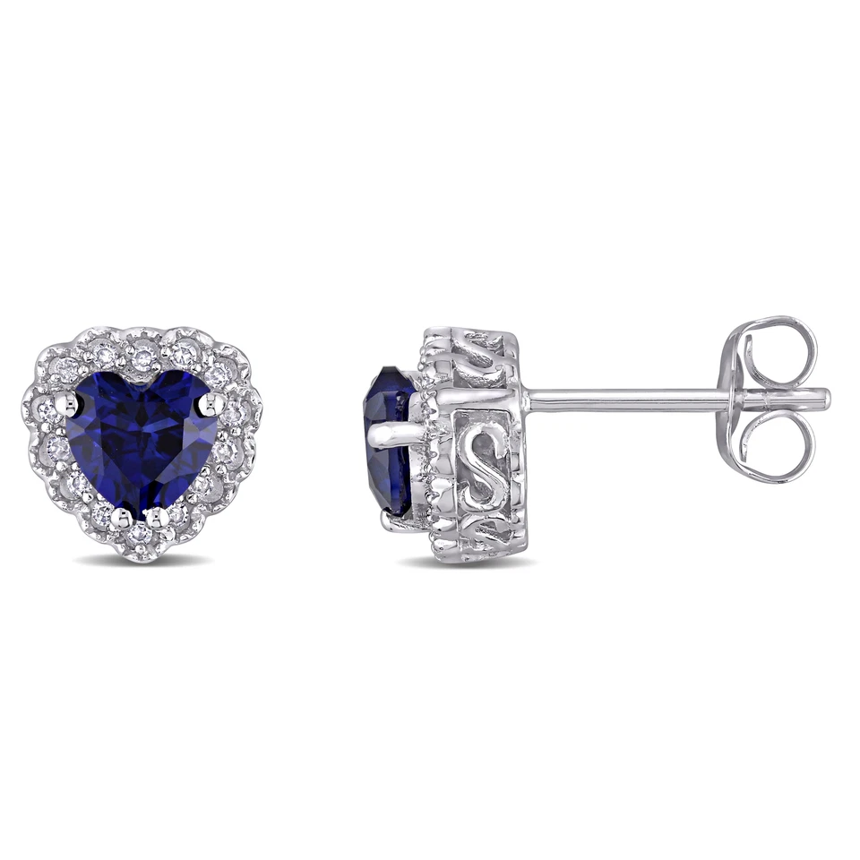 Amour 10k Gold Created Sapphire 1/10CT TDW Diamond Heart Earrings