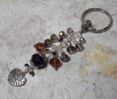 Heart Crystal Cluster Beaded Handmade Keychain Split Key Ring Purple Gold Silver