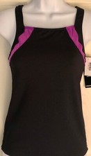 GK ELITE CHEER TOP ADULT MEDIUM TANK BACK TECHMESH BLACK NYLON PURPLE FOIL NWT 