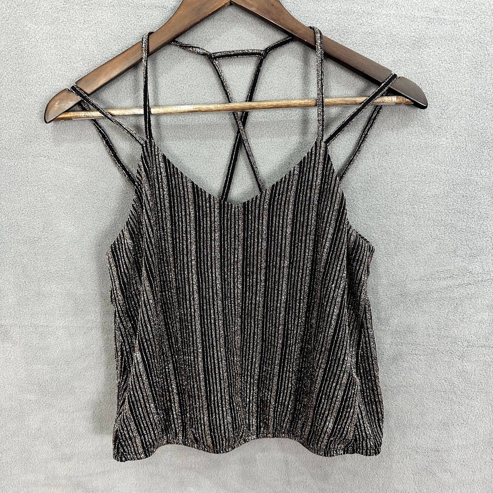 Express Crop Top Womens XS Black Shimmer Metallic Strappy Glam Party Boho Y2K-image