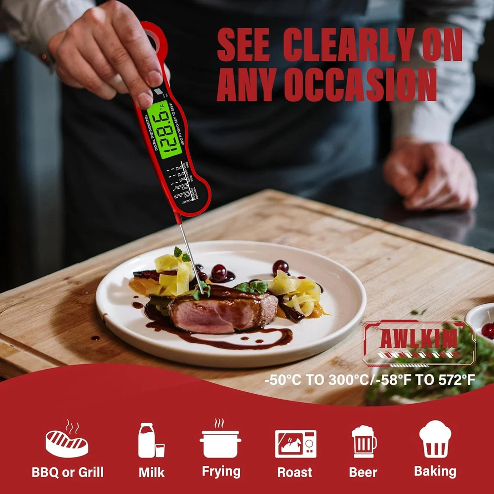 Meat Thermometer Digital - Waterproof Kitchen Thermometer with Backlight and Hol