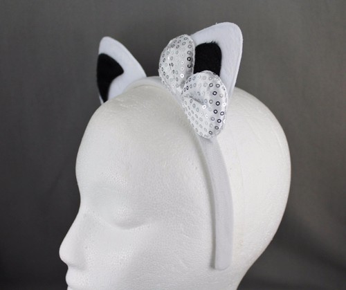 White Black soft faux fur furry cat kitten ears headband hair band costume - Picture 6 of 7
