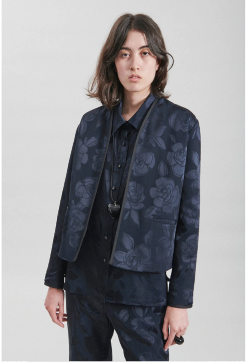 NWT Rachel Comey Kitson Jacket Navy-Blue Rose Jacquard Collarless
