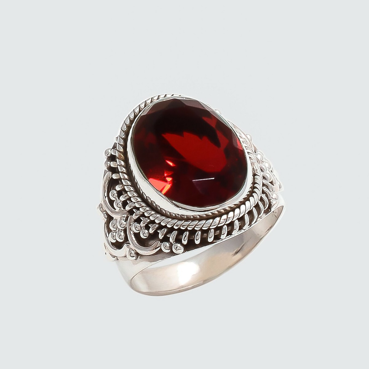 Red Garnet Oval Cut Gemstone 925 Sterling Silver Ring For