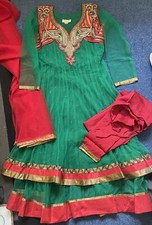 Ladies Rupali Indian Churidar Suit 2 Tier Green Red Bronze Dress Size Medium M