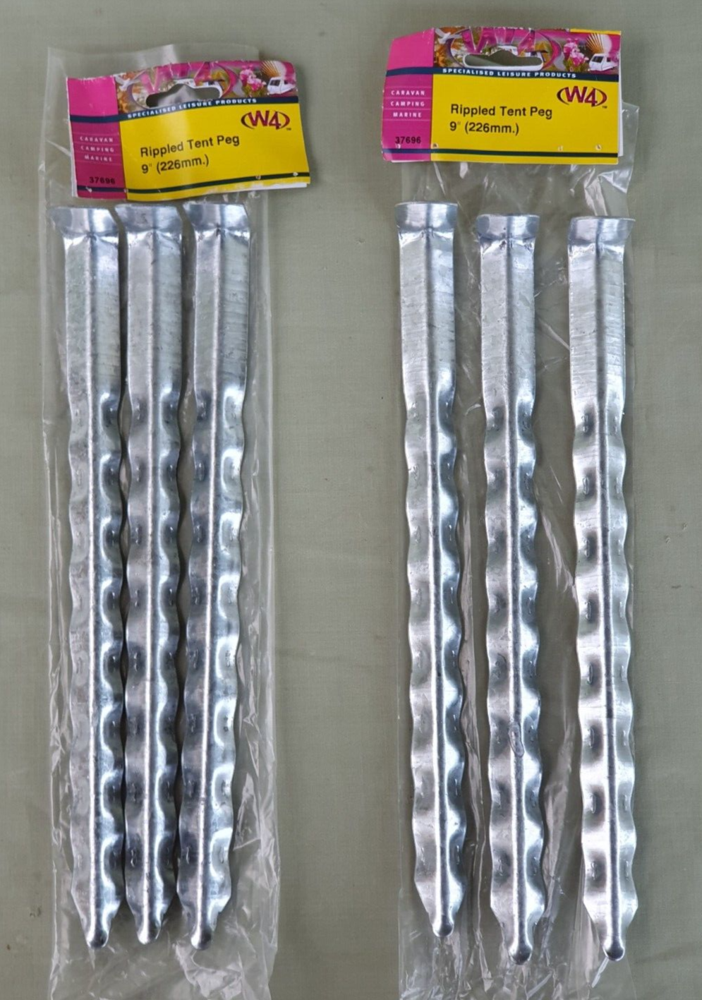 2 Packs of 3 (6) W4 9 Inch Rippled Angle Tent Pegs in Plated Steel