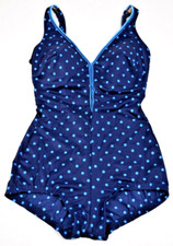 Vintage Swimsuit Size S/M 70s Navy Blue Baby Blue Polka Dots Sheen Trim Sleek