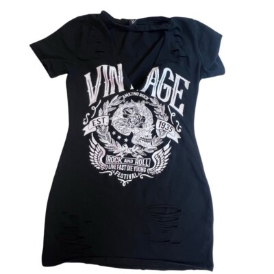 Windsor Tunic Women Medium Black Vintage Rock Roll Retro Distressed Festival Top