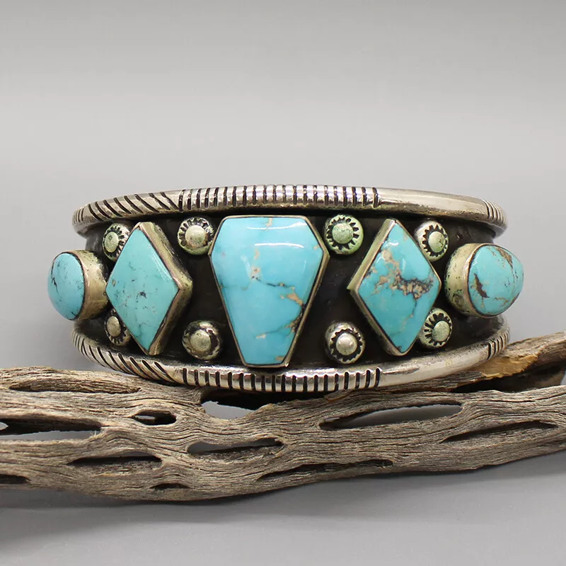 Old Navajo Cluster Bracelet of Natural Blue Gem Turquoise – Turquoise & Tufa