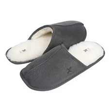 Mens Slippers Slide Grey Suede Faux Sheepskin Lined Size 11.5-12.5  Roxoni 1243G