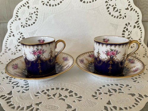 Antique Spode Copeland's China Cups & Saucers x2 Gilt Ultramarine Rosebud R3271 - Picture 12 of 12