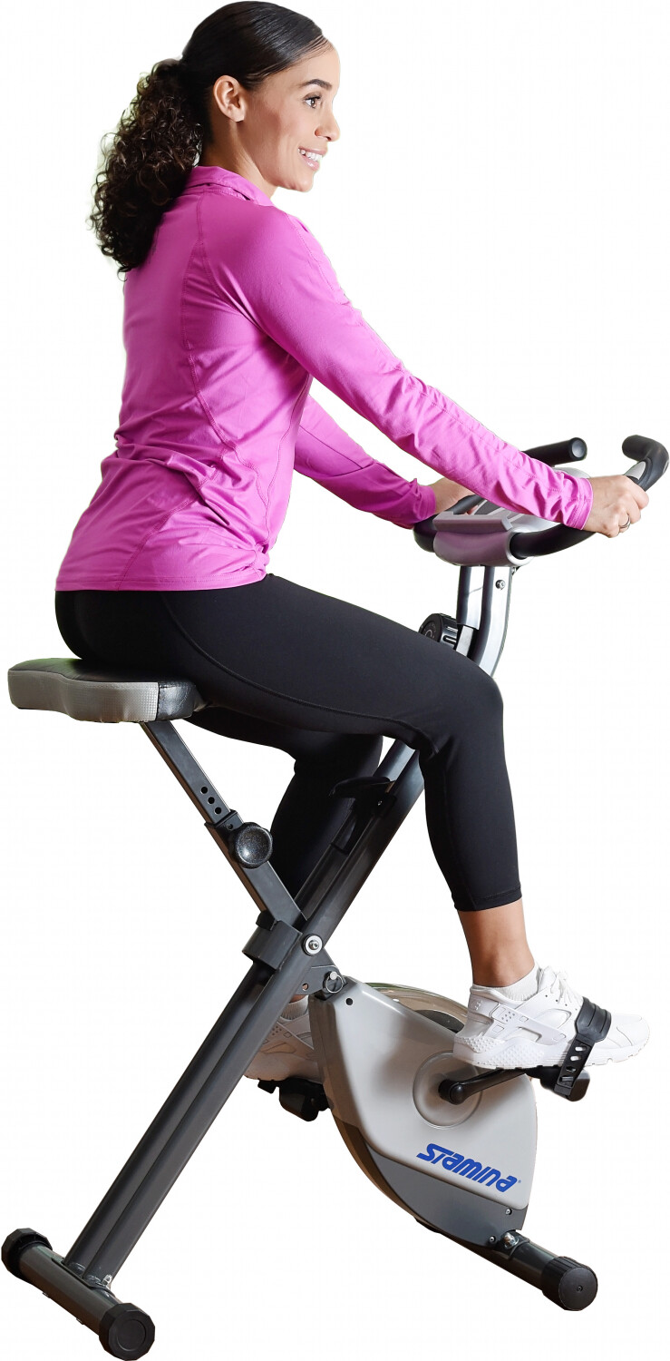 stamina cardio folding exercise bike with heart rate sensors and extra wide padded seat