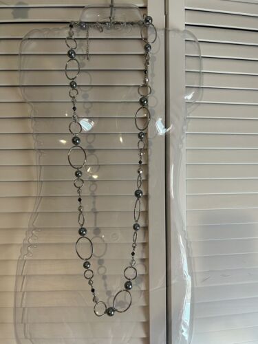 Lia Sophia Long Chain Necklace Silver Tone & Gray/ Blue Bead. - Photo 1/3