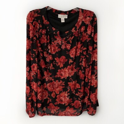 Boutique Shirt Womens Large Black Red Floral Long Sleeves Sheer Layer 1/4 Button