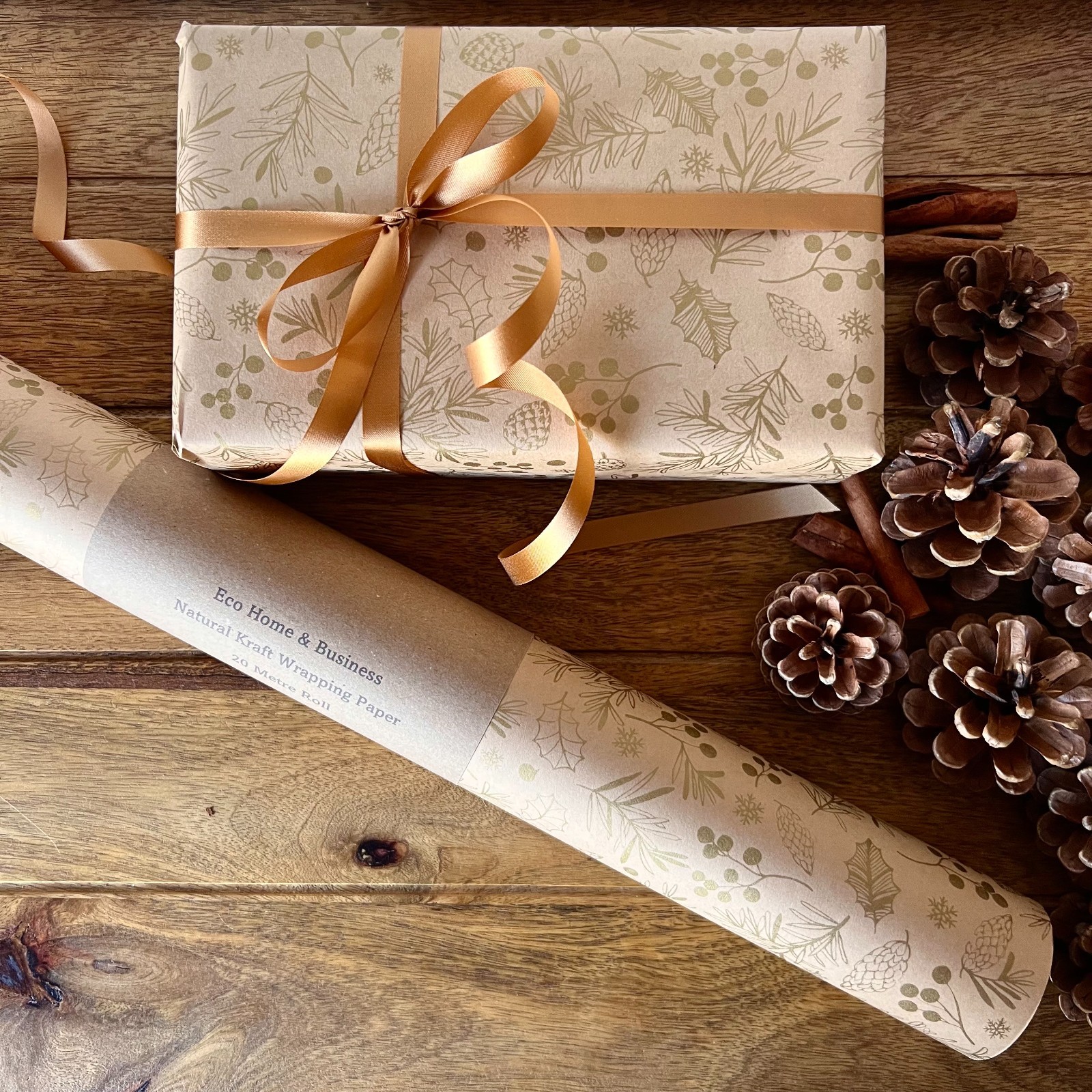 Christmas Wrapping Paper Kraft & Gold Foliage Pine Cone Eco Gift Wrap ...
