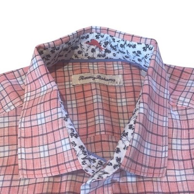 Tommy Bahama Linen Blend Pink Plaid Check Button Down Contrast Cuff Sz Medium