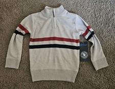 Street Rules Boys 4T Quarter Zip Knit Sweater Oatmeal Navy Blue Red Striped NWT
