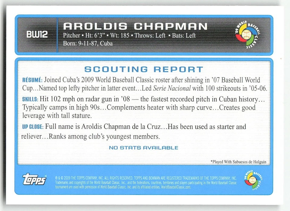 2009 Bowman #BW12 Aroldis Chapman BASEBALL Cuba - Image 2 of 2