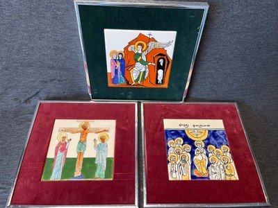 LOT OF 3 Vintage Religious Hand painted Tiles Jerusalem Lovely Framed MCM