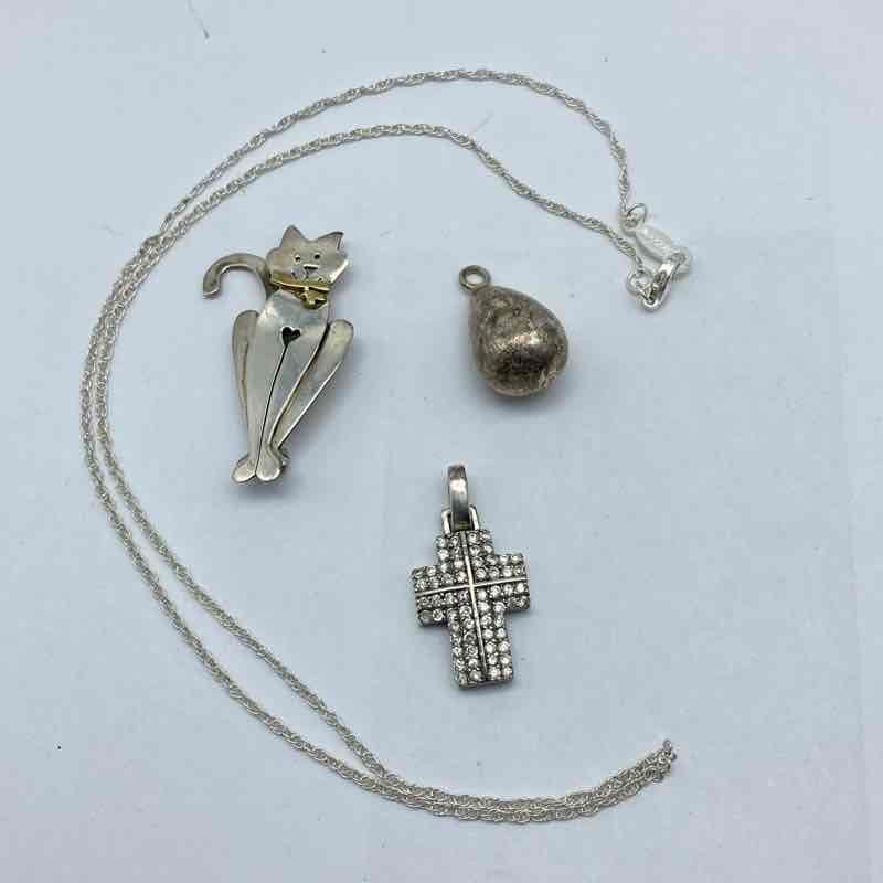 Sterling Silver 925 Jewelry Lot of 4 Cat Brooch Crystal Cross Pendants Necklace
