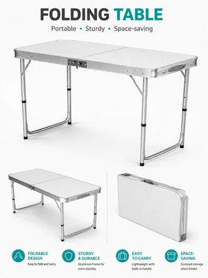4FT Folding Camping Table Adjustable Height Portable Picnic Table Garden BBQ Des - Image 1 of 4
