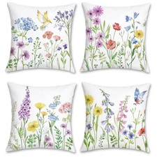 Spring Floral Throw Pillow Covers 18 x 18 Inch Garden Flowers Birds Decorativ...