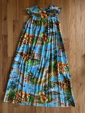 VTG Pacific Isle Hawaiian Maxi Dress Wing Shoulder Graphic Print Muumuu 8/10