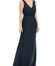 Adrianna Papell Size 4 Navy Illusion Sleeveless Lace Crepe Maxi Dress Gown NEW
