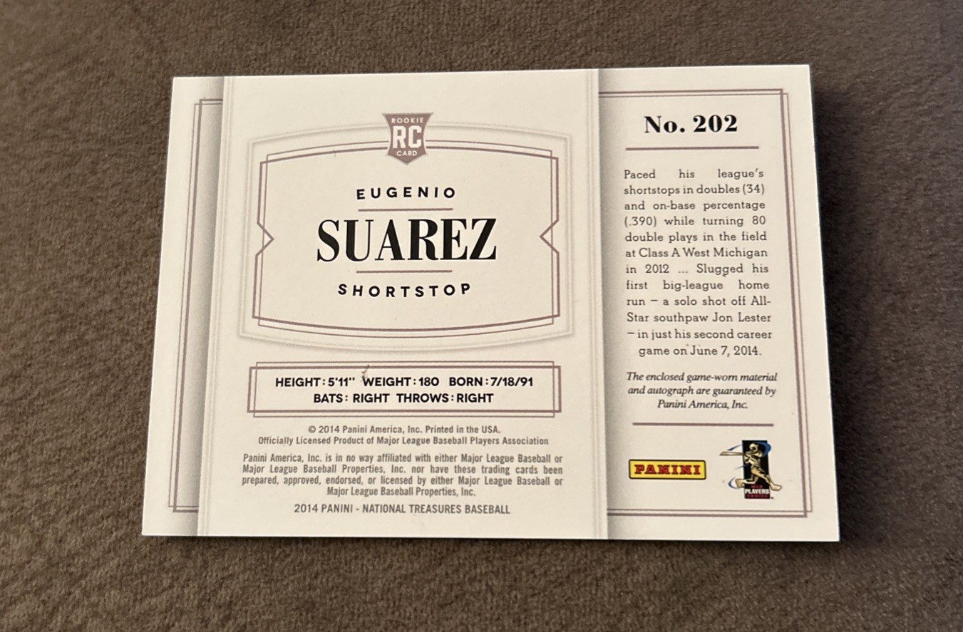 2014 Panini National Treasures -Eugenio Suarez #202 REDS RC PATCH AUTO  #d 34/99 view 8