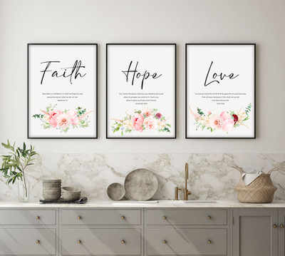3er Set Bibelvers Glaube Hoffnung Liebe Wandbilder, Schrift Poster Jeremia