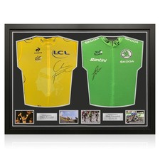 Von Mark Cavendish und Chris Froome signierte Radtrikots. Gerahmt