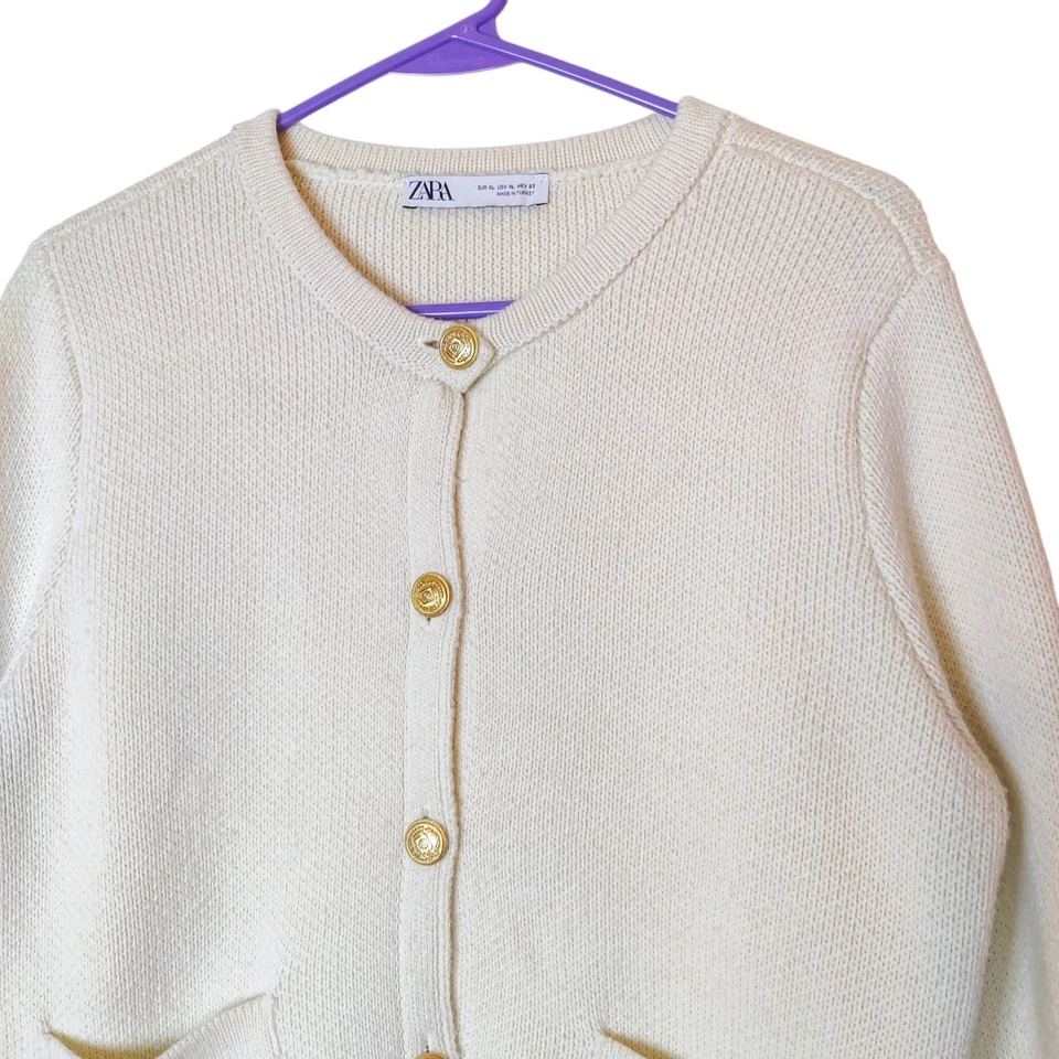 Zara Ivory Ecru Gold Button Knit Cardigan Sweater XL Wool Blend Preppy Old Money - Image 3 of 4