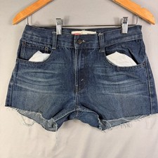 Levi's Cut Off Denim Shorts Stretch Y2K Distressed Mid Rise Women's Blue Size 28