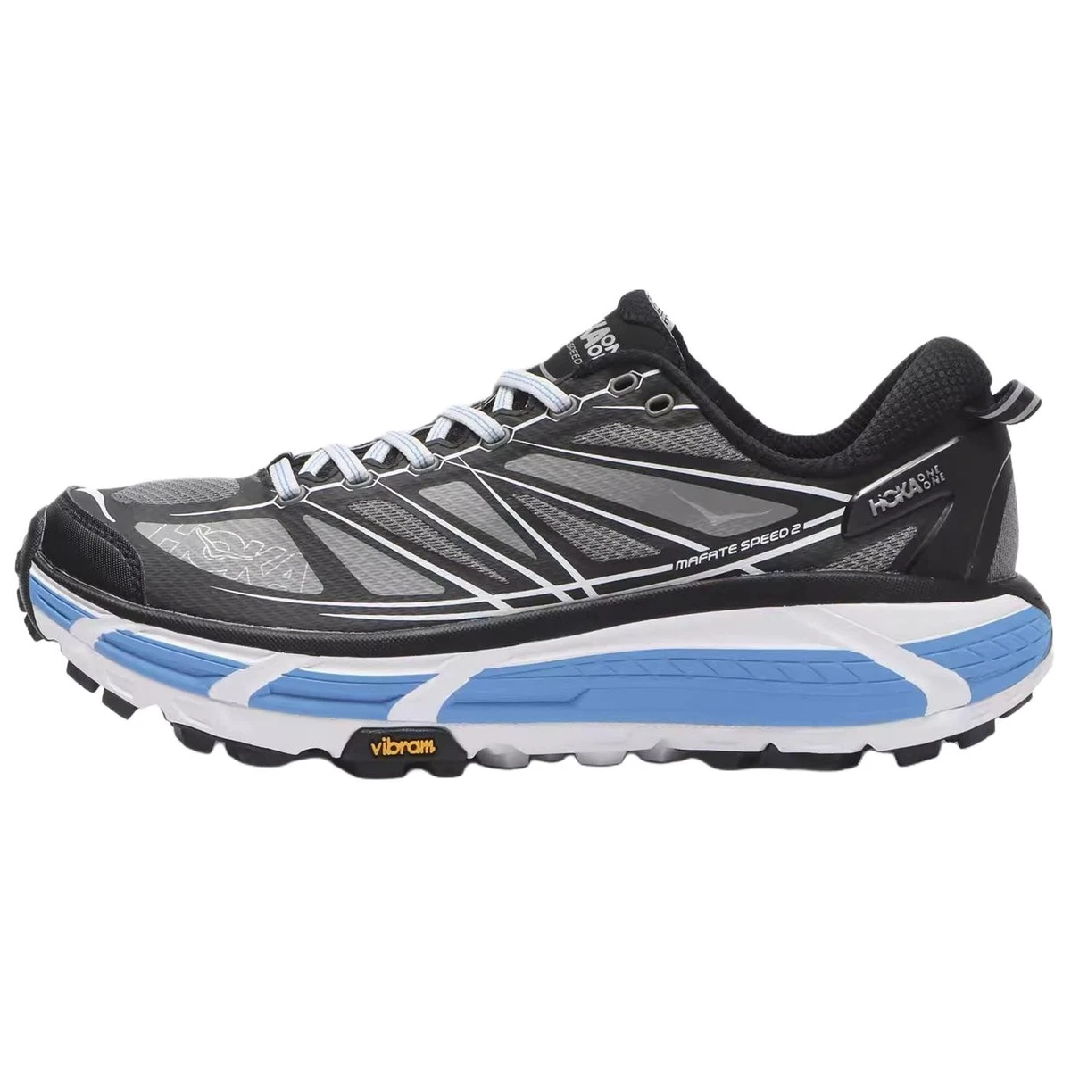 Mens 9.5 HOKA Mafate Speed 2 sneaker  black and white colorway  blue accents.  HOKA Mafate Speed 2 | Men & Women | SVD USA main image 2