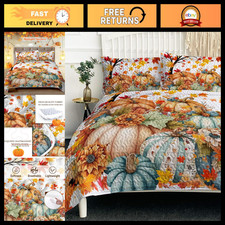 Colorful Pumpkins Halloween King Quilt Set - Fall Blue Bedding for Cozy Home Dec