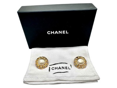 Chanel Gold Tone Clip On Earrings Faux Pearl Vintage Jewelry Earrings Swarovski