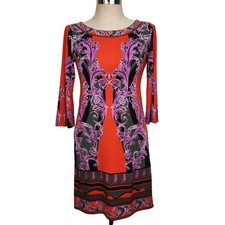 Hale Bob Dress Size S Red Purple Filigree Print 3/4 Sleeve Career Round Neck