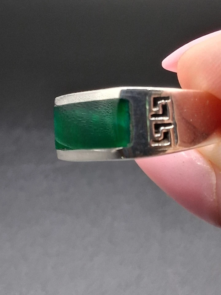 Anillo de ónix verde para hombre, talla 9,5, plata 925, llave griega, hippie, motociclista, retro Foto 2 de 4
