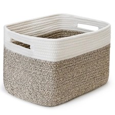 Storage Baskets 15x10x9 Inch Woven Cotton Rope Bin Handle White Rice Brown