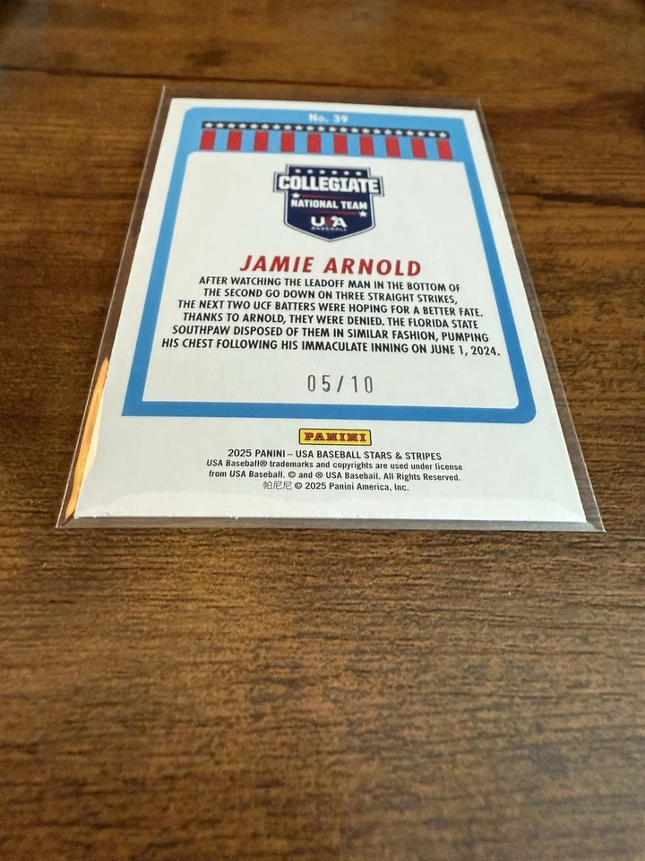 Jamie Arnold 2025 Panini USA Baseball Stars & Stripes Gold Lightning 5/10! - Image 4 of 4