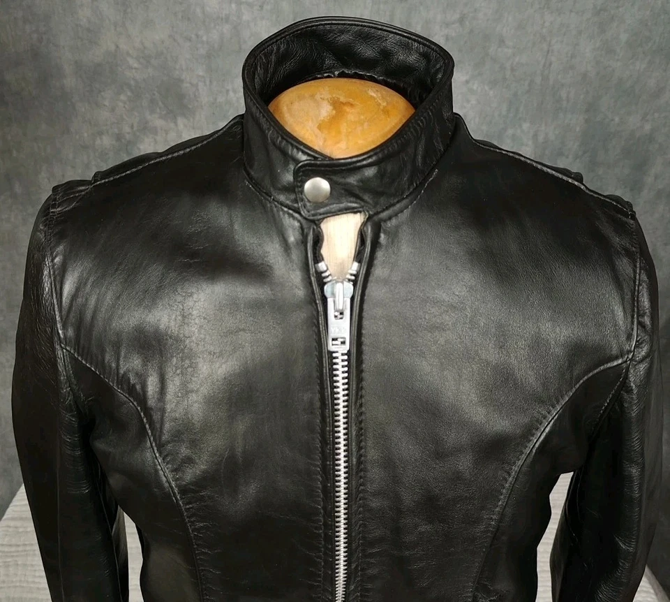 Chaqueta de motociclista vintage REED negra café racer de cuero pesado años 80 Foto 2 de 4