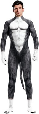Men's Animal Bodysuit Costume with Big Tail Print Petsuit Spandex Furry Jumpsuit