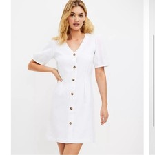 LOFT Petites White Linen Button Front Puff Sleeve Mini Dress 8P