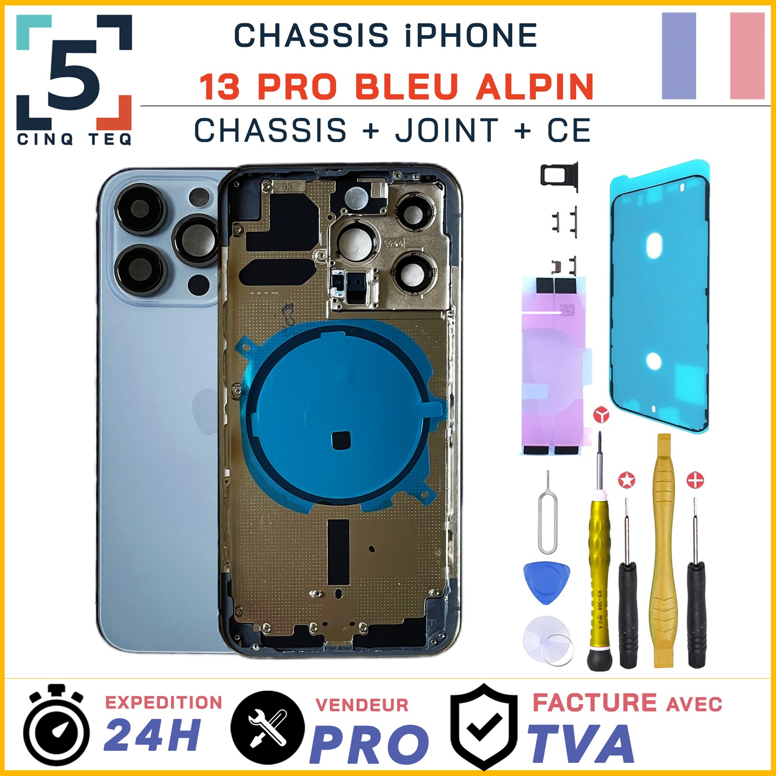 Châssis iPhone 13 Pro avec vitre arrière bleue boîtier de remplacement et adhésif écran