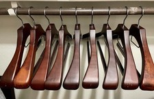 Set of 9 Wooden Suit Hangers w/ Added Grip Trouser Bar, Smooth Brown